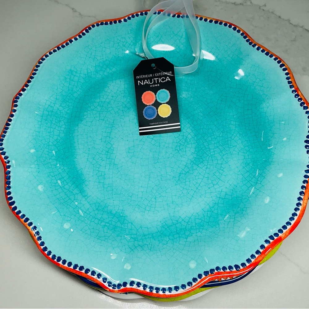 4 Dinner Plates Nautica Melamine 11” Turquoise Blue Orange Yellow New - Picture 4 of 10